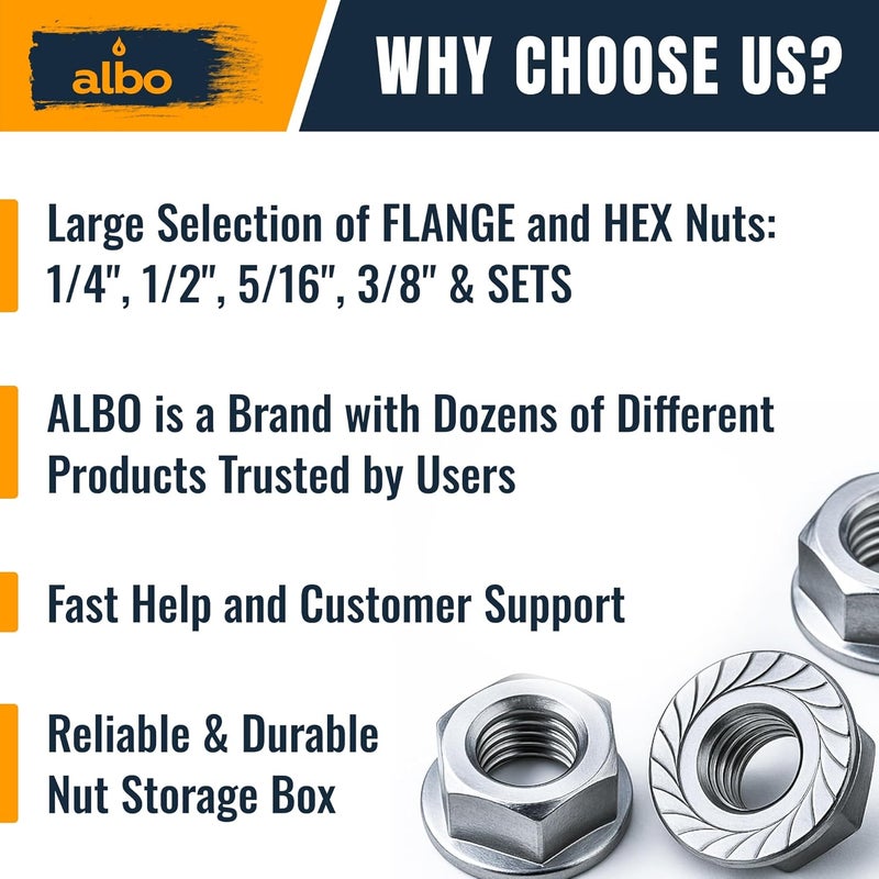 ALBO 100 PCS 1/4-20 Nut Hex Flange Lock – Stainless Steel 304 SAE Nuts Set in Reusable Box – Hardware for Automotive & DIY - Image 5
